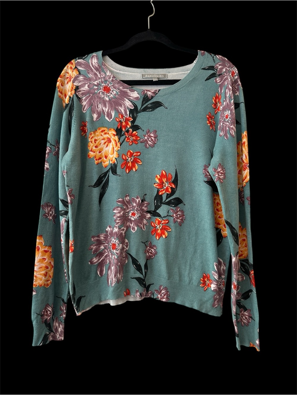 Daniel Rainn Teal Sweater with Multicolor Floral Accents viscose blend